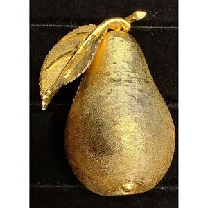 Vintage BSK Pear Brushed Gold Tone 2.25” Pin Brooch Mid Century Statement Piece